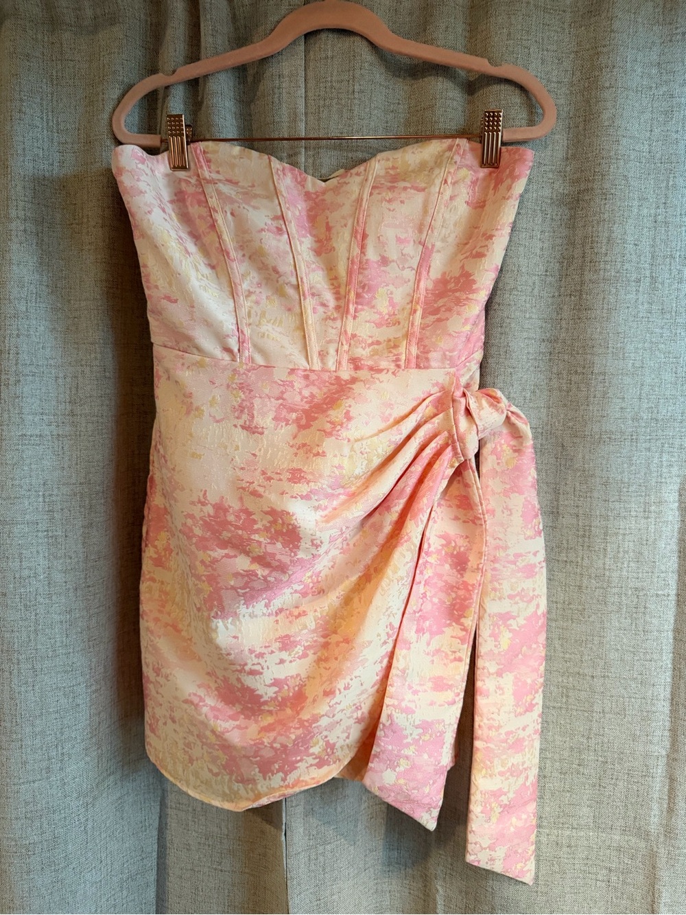 Storia Strapless Pink & Cream Floral Jacquard Mini Dress with Waist Tie